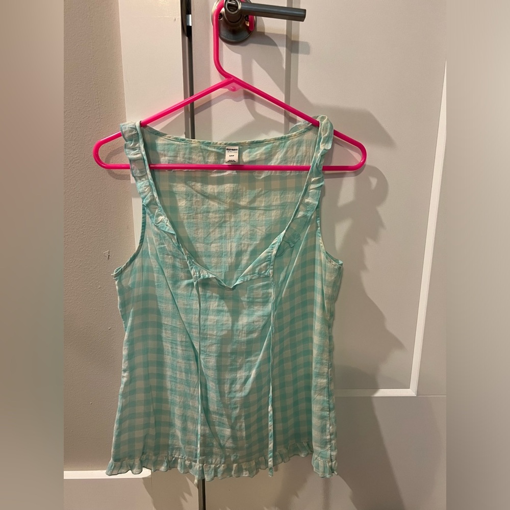 Old Navy Loose Aqua and White Checkered Print Top